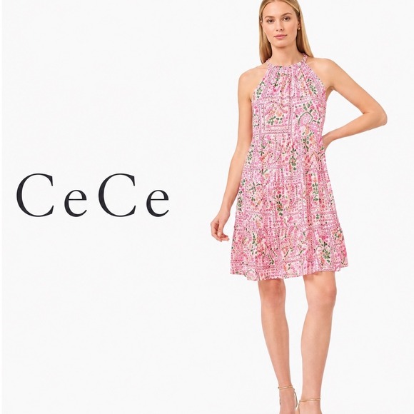 CeCe Dresses & Skirts - CeCe Pink Floral Halter Dress Sleeveless Tiered Shift Mini Dress Spring Summer